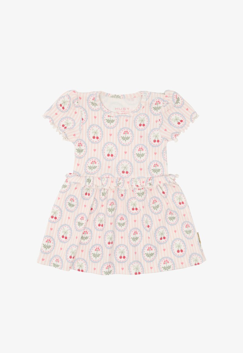 Robe bébé à manches courtes avec rayures roses, taille volantée, et motif de cerises et cadres ovales floraux sur tissu clair.