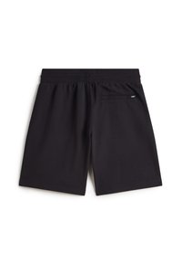 Shorts de sport noirs avec ceinture élastique et une poche arrière zippée sur le côté droit.