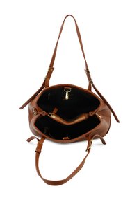 Brązowa skórzana torba tote z złotymi akcentami. Przestronne wnętrze z kieszenią na zamek i teksturowanym czarnym wykończeniem. Podwójne uchwyty do noszenia.