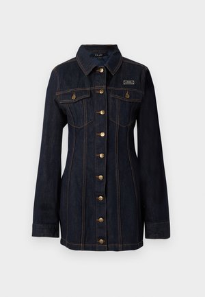 Dark denim jacket with a fitted design, brass button closure, two chest pockets, and contrasting stitching. Features a classic collar and long sleeves.