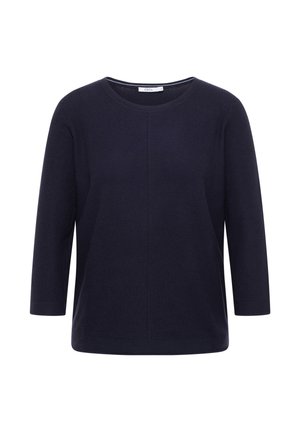 Navyblå ribbad tröja med trekvartslång ärm, rund halsringning och en avslappnad passform. Tillverkad av ett strukturerat stickat material.