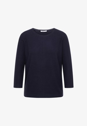 Navyblå ribbad tröja med trekvartslång ärm, rund halsringning och en avslappnad passform. Tillverkad av ett strukturerat stickat material.