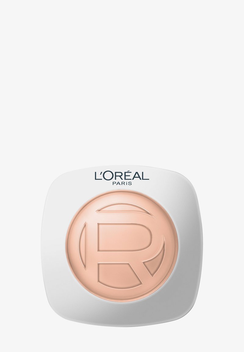 Kompletne pudry L'Oréal Paris w beżowym odcieniu z tłoczonym stylizowanym logo "R" na białym kwadratowym etui z zaokrąglonymi krawędziami.