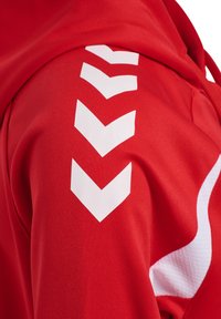 Tissu rouge avec motif chevron blanc sur la manche, faisant partie d'une veste de sport ou d'un sweat à capuche.