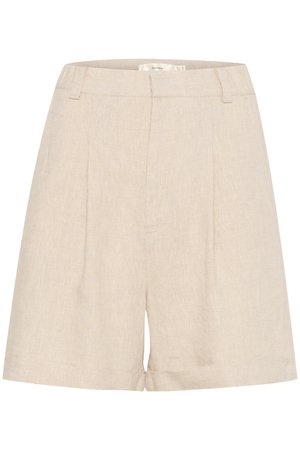 Pantaloni scurți din in bej, cu un design ajustat, având pliseuri frontale, o textură fină, buzunare laterale și un tiv drept, răsucit.