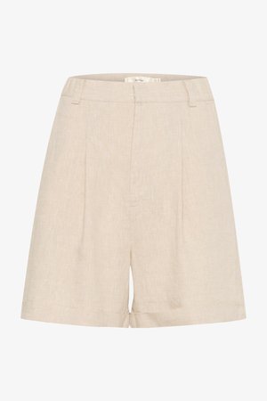 Shorts beige in lino con un design su misura, caratterizzati da pieghe frontali, una texture liscia, tasche laterali e un orlo dritto e rifinito.