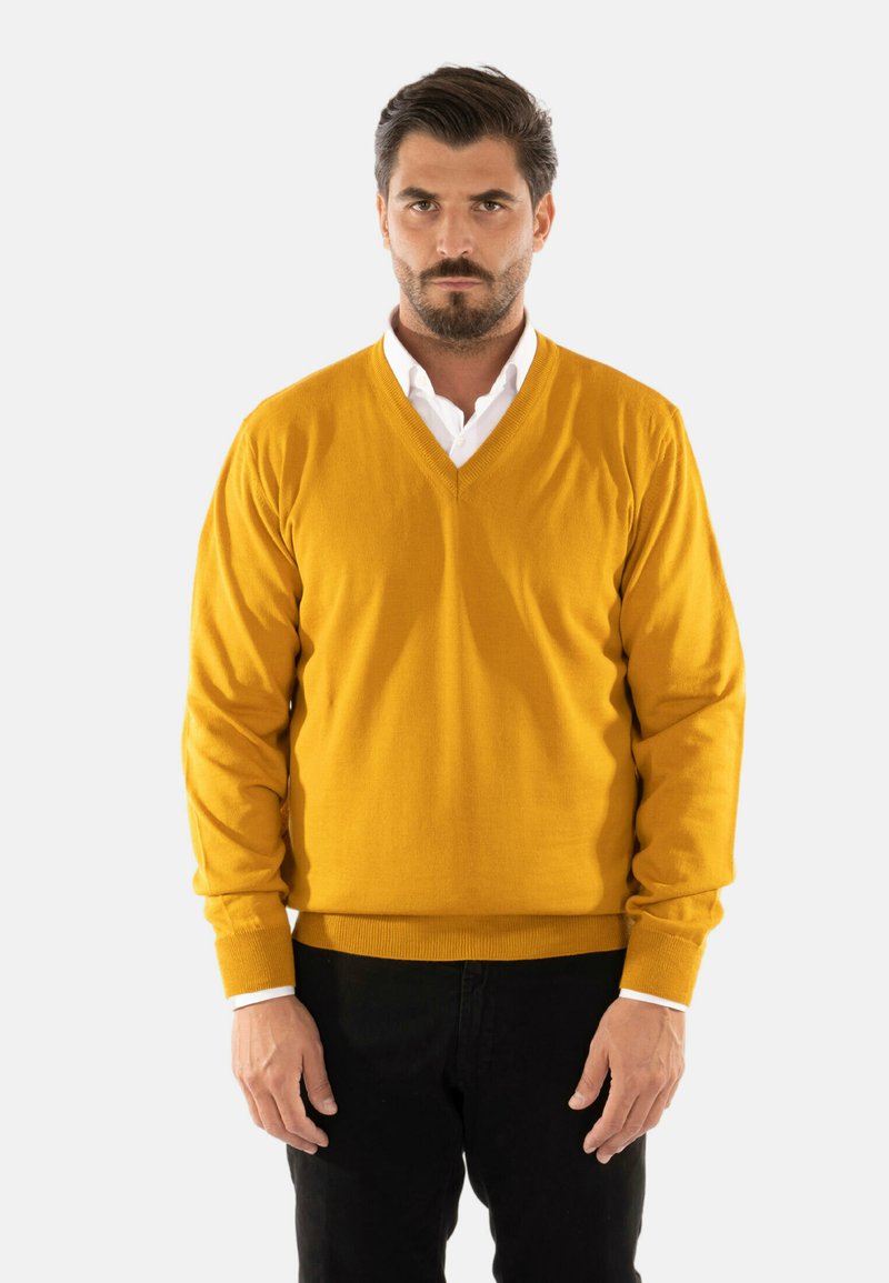 Maglione giallo a scollo a V realizzato in tessuto lavorato a maglia, con maniche lunghe e polsini a costine. Abbinato a pantaloni neri, con una maglietta bianca visibile nel collo.