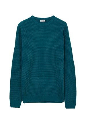 Pullover in maglia teal con un motivo testurizzato, scollatura rotonda, maniche lunghe e polsini e orlo a coste. Realizzato in un tessuto morbido per il massimo comfort.