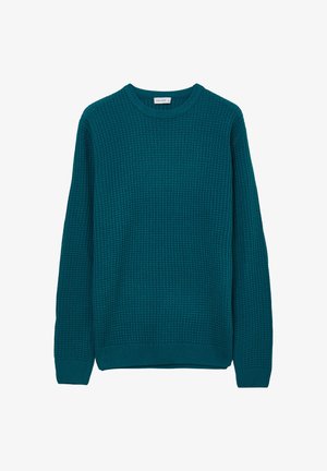 Teal knit sweater featuring a textured pattern, crew neck, long sleeves, and ribbed cuffs and hem. Made from a soft fabric for comfort.