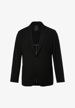 Blazer noir en tissu texturé, avec une fermeture à deux boutons, des revers en angle et deux poches devant. Design simple et formel.