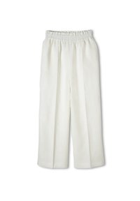 Lněné kalhoty v off-white barvě, s širokými nohavicemi, elastickým pasem a vertikálními záhyby pro přidanou texturu. Hladká, lehká tkanina.