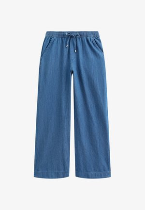 Pantaloni a gamba larga in denim blu chiaro con vita elastica, cordoncino e due tasche laterali. Tessuto liscio e design a taglio dritto.