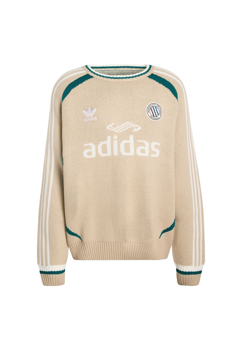 Beige knitted sweater with green accents, white stripes on sleeves, and "adidas" logo. Features round neck and ribbed cuffs and hem.