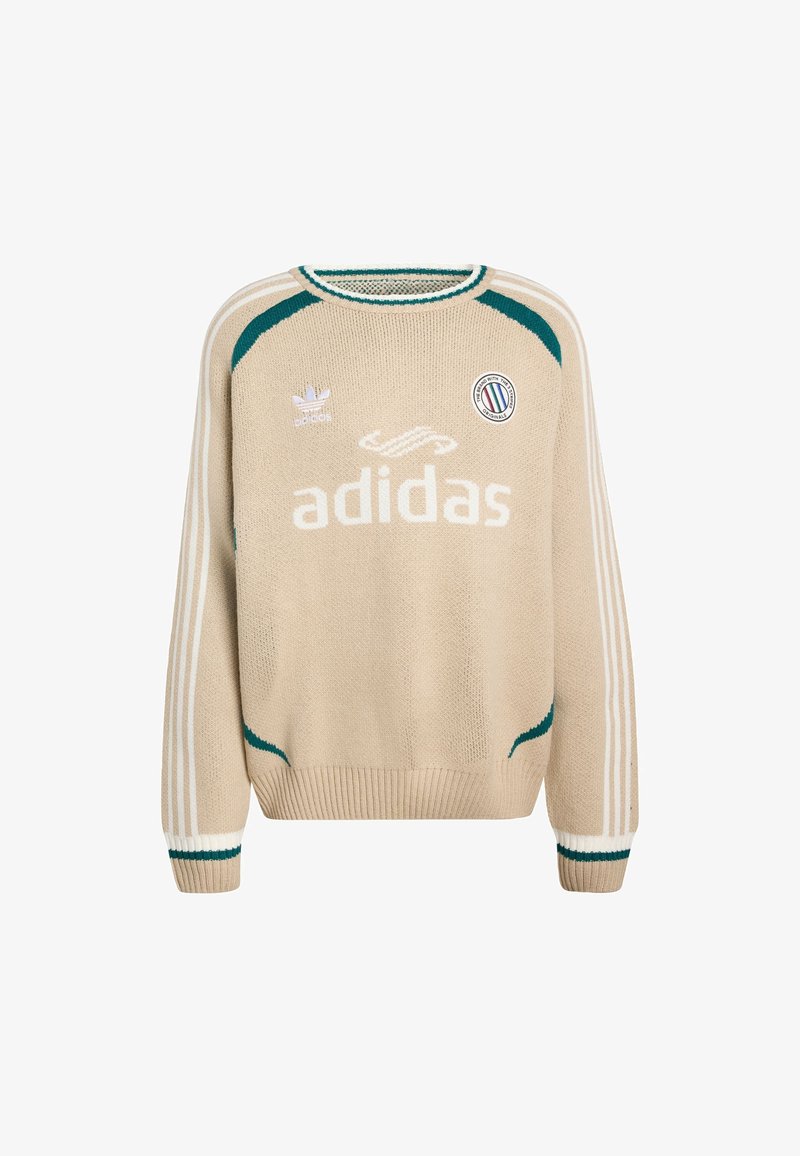 Beige knitted sweater with green accents, white stripes on sleeves, and "adidas" logo. Features round neck and ribbed cuffs and hem.