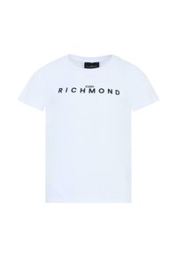 T-shirt bianco a maniche corte in cotone, con una stampa nera di "JOHN RICHMOND" sul petto in grassetto con carattere sans-serif.