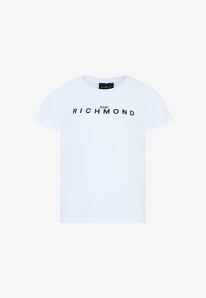 T-shirt bianco a maniche corte in cotone, con una stampa nera di "JOHN RICHMOND" sul petto in grassetto con carattere sans-serif.