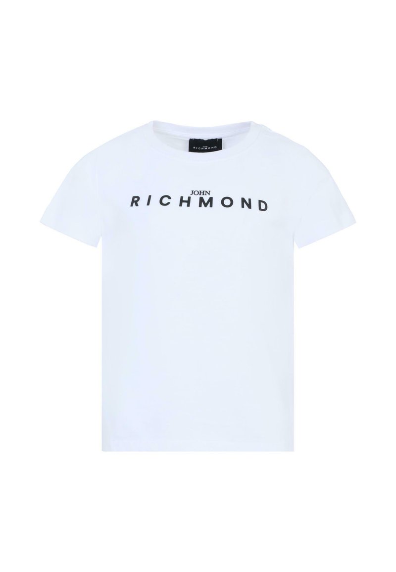 T-shirt bianco a maniche corte in cotone, con una stampa nera di "JOHN RICHMOND" sul petto in grassetto con carattere sans-serif.
