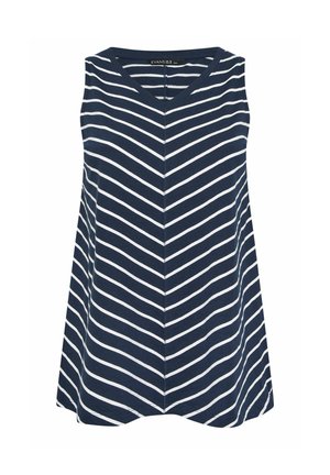 Nachtblauwe mouwloze top met witte diagonale strepen die een chevronpatroon vormen en een V-hals.