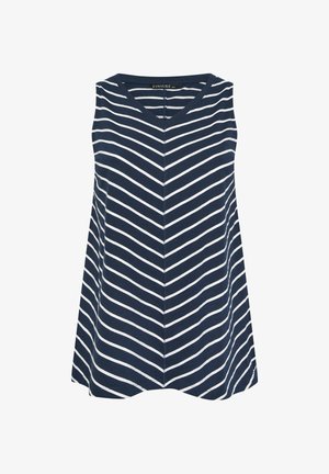 Laivastonsininen hihaton paita, jossa valkoiset vinoraitaiset chevron-kuviot ja V-pääntie.