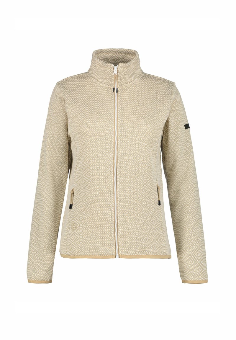 Beige Zip-Jacke mit gemustertem Textil, hohem Kragen, zwei Seiten Taschen und kontrastierendem Besatz am Saum und an den Bündchen.