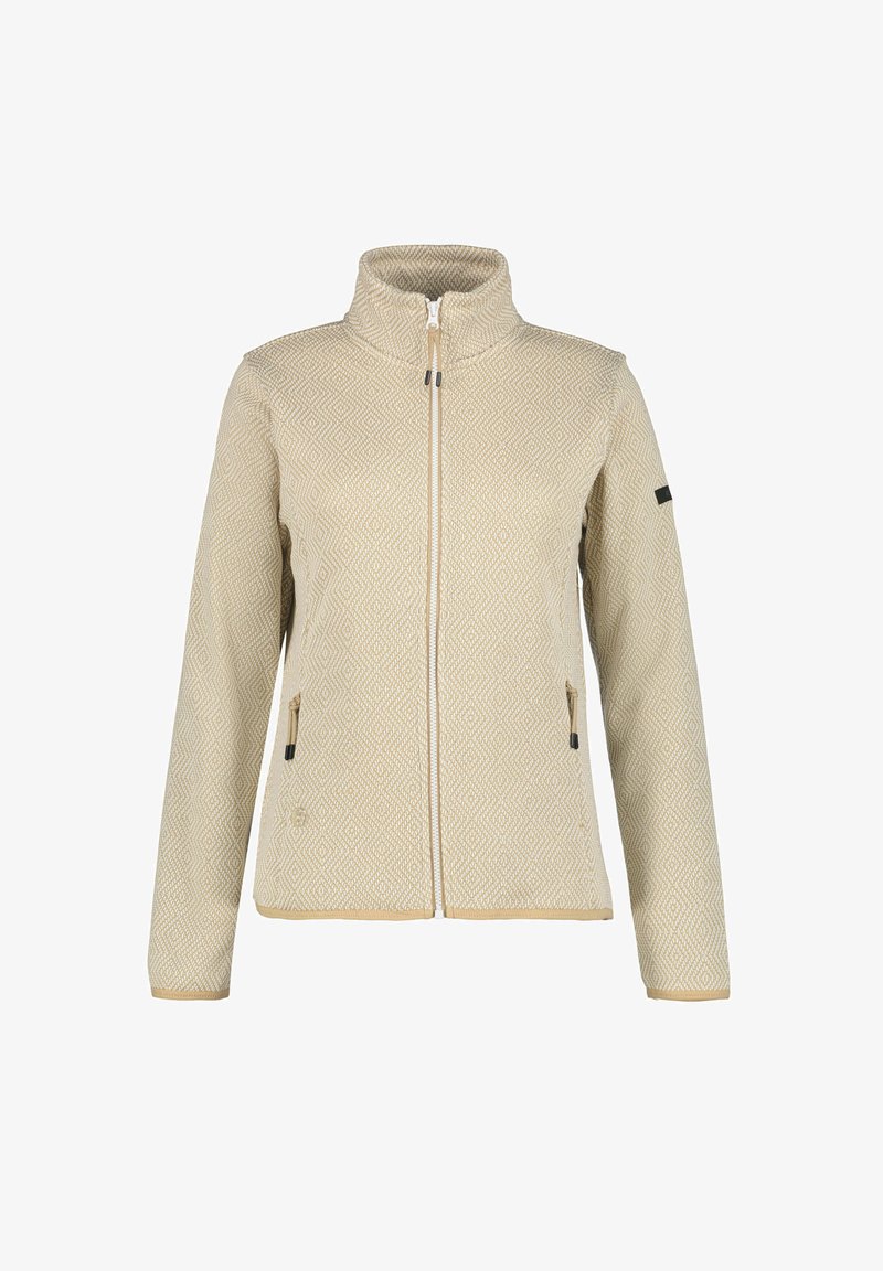 Beige hoodie met rits, voorzien van een gemêleerd textuur, hoge kraag, twee zijzakken en contrasterende bies langs de zoom en manchetten.