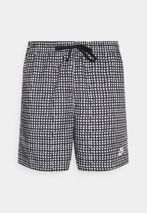 Svarta badshorts med vitt fyrkantsmönster, elastisk midja med dragsko och liten logodetalj nere till höger.