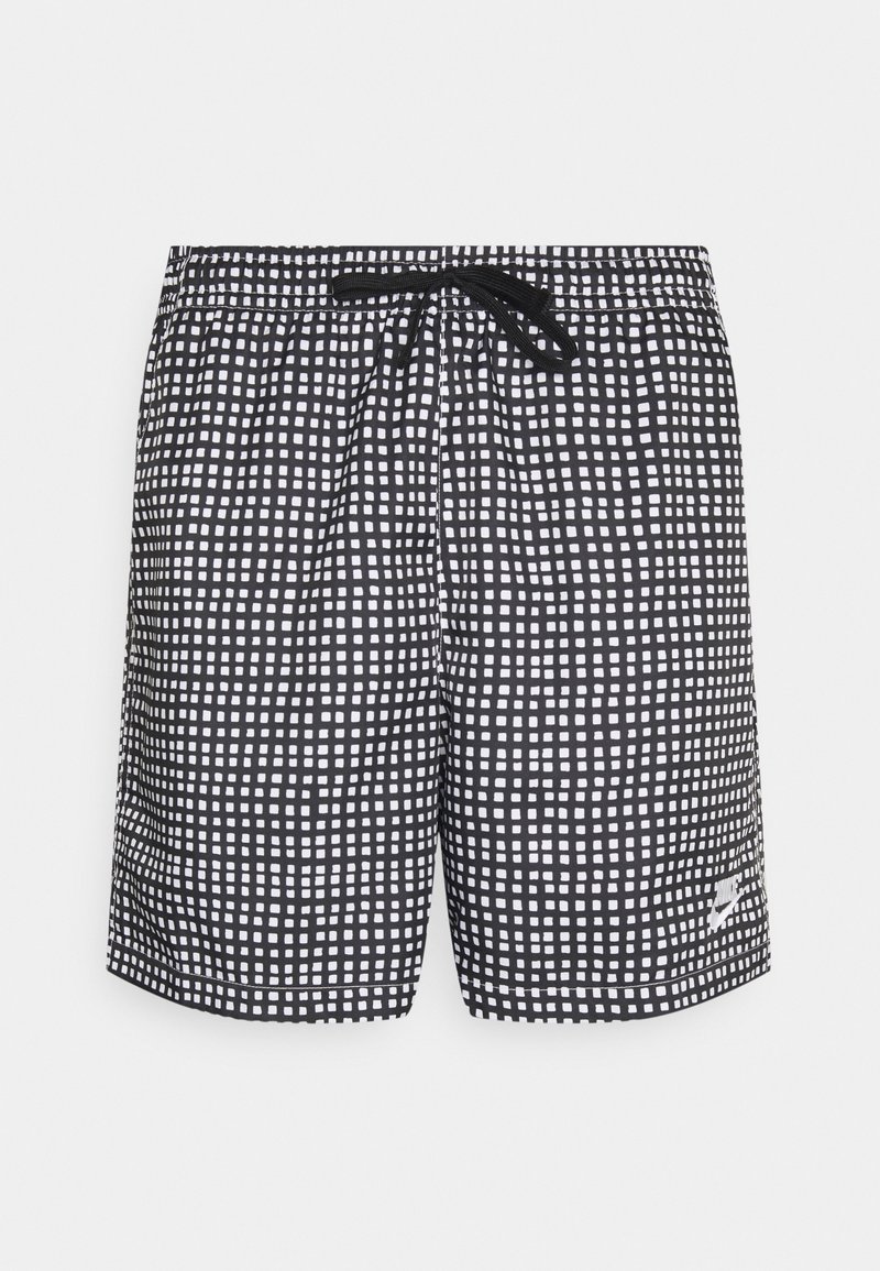 Černé plavkové šortky s bílým čtvercovým vzorem, elastickým pasem se šňůrkou a drobným logem v pravém dolním rohu.