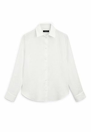 White long-sleeve shirt made of lightweight fabric, featuring a folded collar, button front, and curved hem with cuffed sleeves.