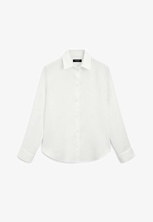 White long-sleeve shirt made of lightweight fabric, featuring a folded collar, button front, and curved hem with cuffed sleeves.