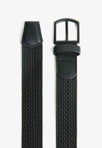 Black woven belt with textured fabric, featuring a smooth leather tip and a matte black rectangular metal buckle. Accents in matching leather.
