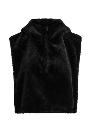 Sort faux fur hætteponcho med en blød, fyldig tekstur. Har en lynlåslukning foran og en afslappet pasform for komfort og varme.