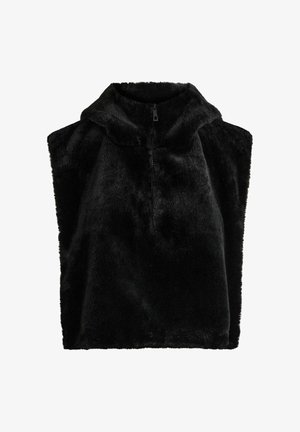 Sort faux fur hætteponcho med en blød, fyldig tekstur. Har en lynlåslukning foran og en afslappet pasform for komfort og varme.