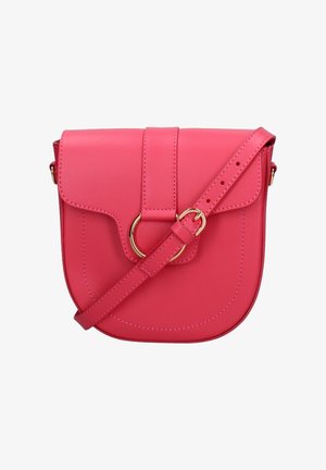 Rosa synthetische Leder-Umhängetasche mit runder Form, Klappenverschluss, goldenen Hardware-Akzenten und verstellbarem Tragegurt.