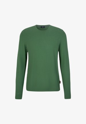 Grüner Pullover mit langen Ärmeln in strukturiertem Strick, mit Rundhalsausschnitt und einem kleinen Logosticker am unteren linken Rand.