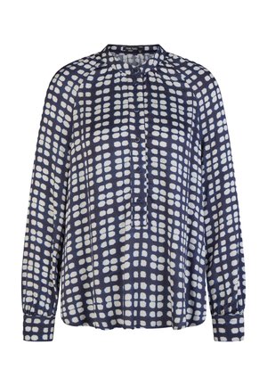 Long-sleeve navy blouse with white irregular square pattern, buttoned front placket, and gathered cuffs.