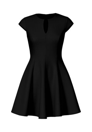 Robe noire à manches courtes en coupe évasée avec un petit décolleté en forme de clé et une jupette évasée.