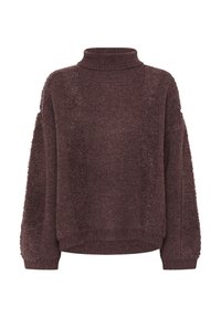 Dunkellila gestrickter Rollkragenpullover mit strukturierten, vertikalen Paneelen an der Vorderseite und den Ärmeln, ausgestattet mit einem gerippten Saum und Bündchen.