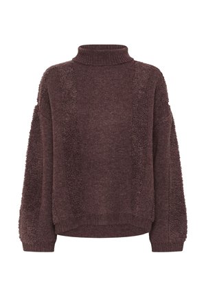 Pull à col roulé en maille violet foncé avec des panneaux verticaux texturés à l'avant et aux manches, présentant un ourlet et des poignets côtelés.