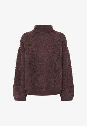 Maglione a girocollo lavorato a maglia di un viola scuro, con pannelli verticali testurizzati sul davanti e sulle maniche, dotato di orlo e polsini a costine.