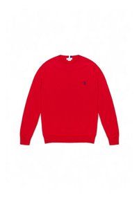 Maglione rosso realizzato in morbido tessuto a maglia. Presenta maniche lunghe, scollo tondo e un piccolo logo blu navy sul lato sinistro del petto. Polsini e orlo a coste.