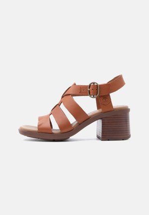Brown leather open-toe sandal with three straps, a buckle fastening on the side, and a chunky block heel.