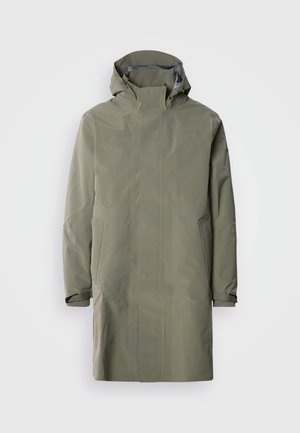 Veekindel oliivroheline vihmamantel, milles on kapuuts, lukuga kinnitamine, kaks eesmist taskut ja reguleeritavad mansetid. Sile, matt viimistlus, lihtne disain.