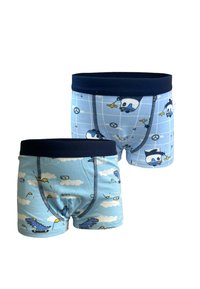 Boxers en coton bleu avec une ceinture élastique marine. Une paire présente un motif de nuages et de dinosaures, l'autre a un design d'avions et de quadrillage.
