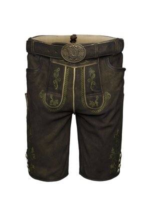Shorts en cuir traditionnels marron avec une broderie verte, des boutons latéraux et une ceinture décorative avec une boucle embossée.