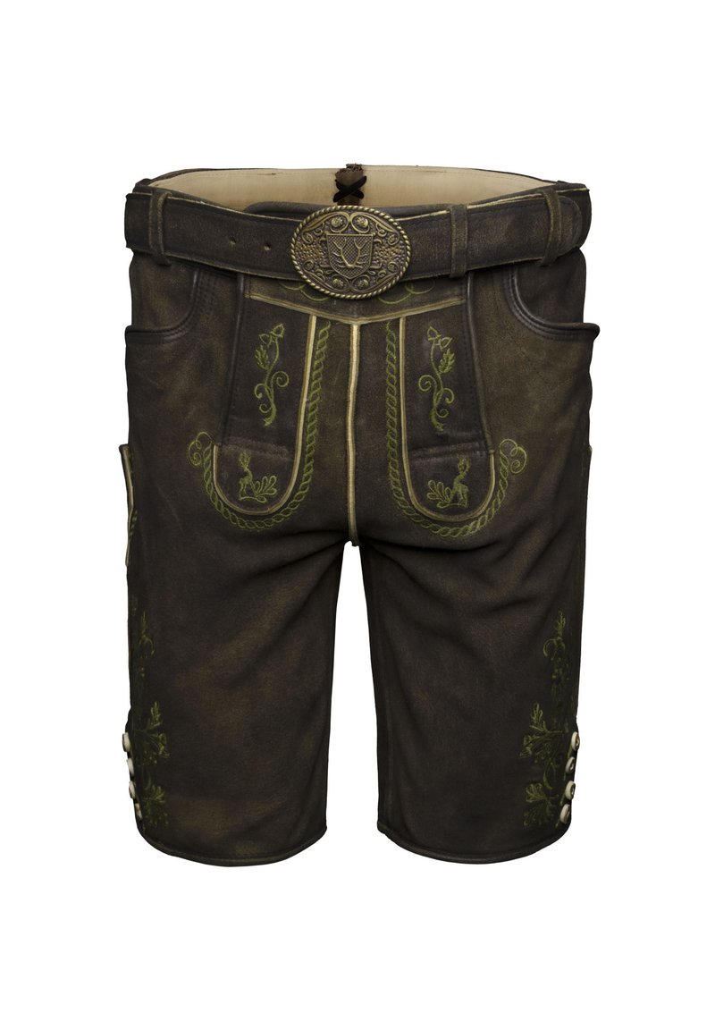 Pantalones cortos de cuero marrón tradicionales con bordado verde, botones laterales y un cinturón decorativo con una hebilla grabada.