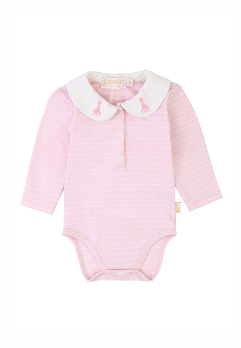 Body a maniche lunghe a righe rosa con colletto bianco, caratterizzato da un ricamo di giraffa rosa. Chiusura a bottoni sul davanti. Materiale in cotone morbido.