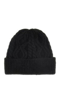 Czarna dzianinowa czapka beanie o wzorze w warkocze i szerokim ściągaczu. Wykonana z miękkiej wełny dla ciepła, z teksturowanym wykończeniem.