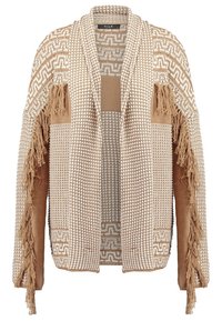 Beżowy sweter z dzianiny o fakturowanym wzorze, z frędzlami wzdłuż rękawów i krawędzi przodu, w stylu otwartym.