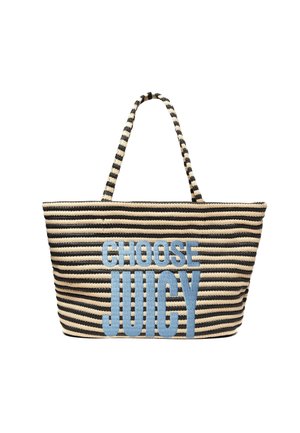 Borsa a tracolla a righe nera e beige con un design ampio. Presenta testo ricamato blu "SCEGLI JUICY" sul davanti. Doppi manici.
