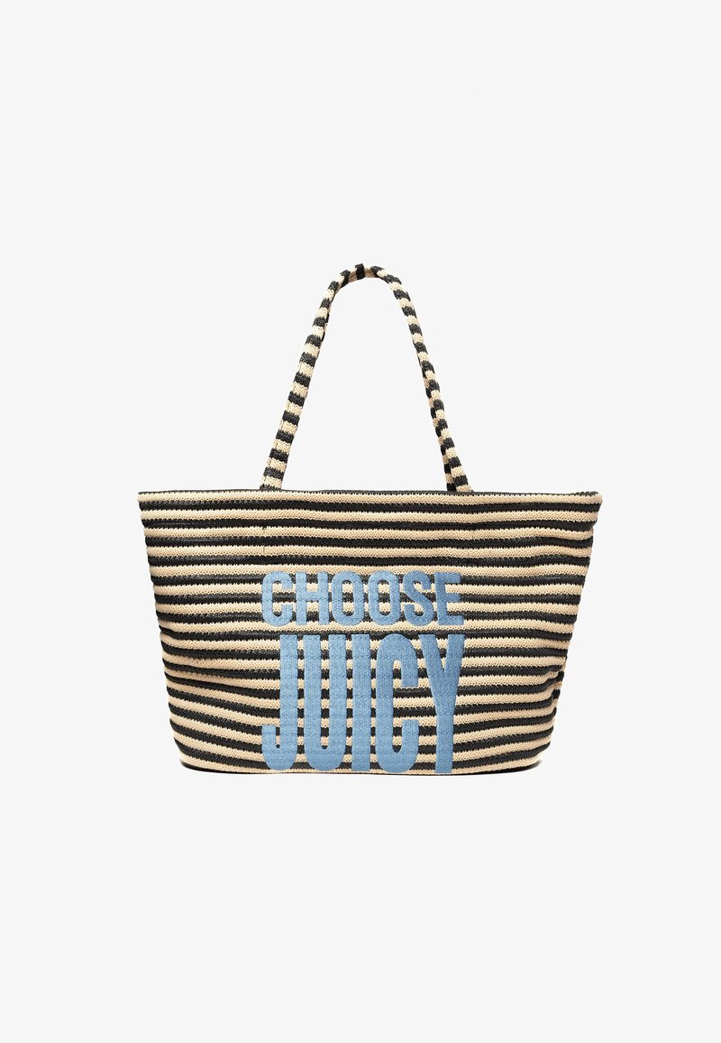 Borsa a tracolla a righe nera e beige con un design ampio. Presenta testo ricamato blu "SCEGLI JUICY" sul davanti. Doppi manici.